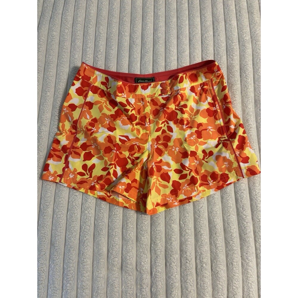 Eddie Bauer Floral Beach Shorts Women 6 Orange Red Yellow White Tropical Flowers